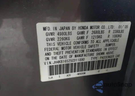 2005 Acura Rl 3.5 from USA, damaged, VIN JH4KB16525C011890